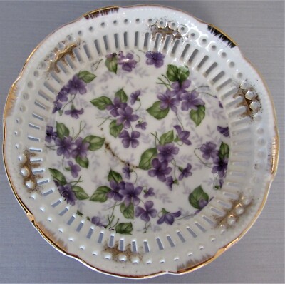 VIOLETS FLOWER CANDY DISH TRINKET GOLD TRIM GORGEOUS MINT MADE IN JAPAN