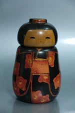 Vintage Japanese Kokeshi Red Plum Flowers Doll by Sekiguchi Toa (17 cm / 6.7 in)