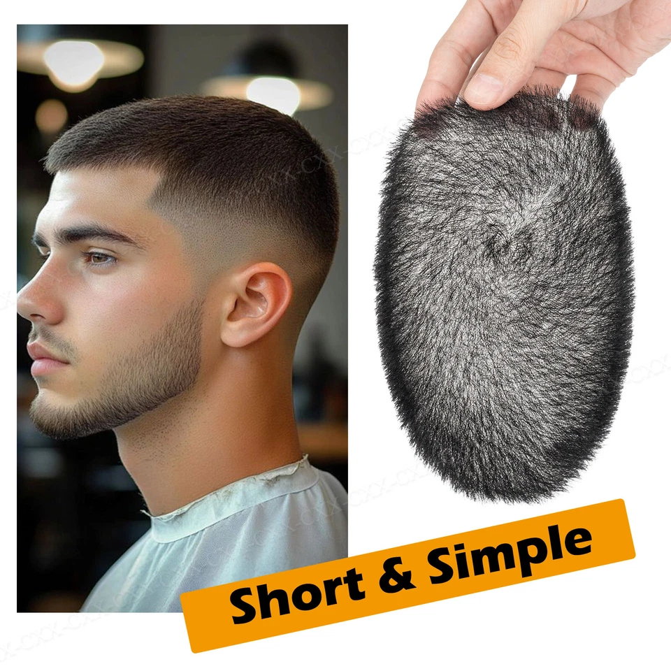 Tupée de cabello humano 100 % corto para hombre corte zumbido piel delgada sistema de reemplazo de PU A Foto 3 de 4