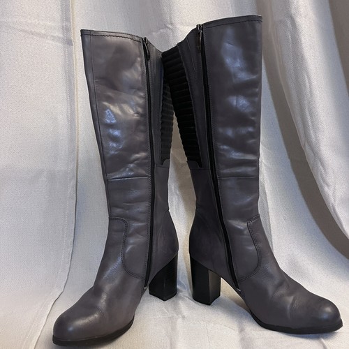TAMARIS KNEE HIGH LEATHER BOOT - SIZE 9 GRAY AND BLACK ZIP UP BLOCK HEEL EUC - Picture 2 of 11