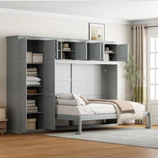 Queen Size Side Flip Murphy Wall Bed with Cabinets Space Saving Wood Hidden Bed
