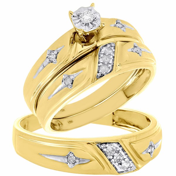 10K Gelbgold Diamant Dreifach Set Passende Verlobungsring & Band Kreuz 0.20-image