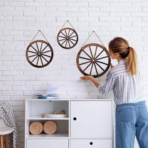 3 Pcs Wooden Wagon Wheel Decor 12/10/8 Inch Old Western Western Wall Decor Fa... - Picture 6 of 6
