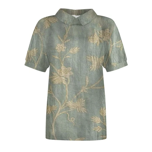 Damen Puppenkragen Hemd Baumwolle Leinen Blumenmuster Peter Pan Kragen Ärmel Shirts - Bild 8 von 56