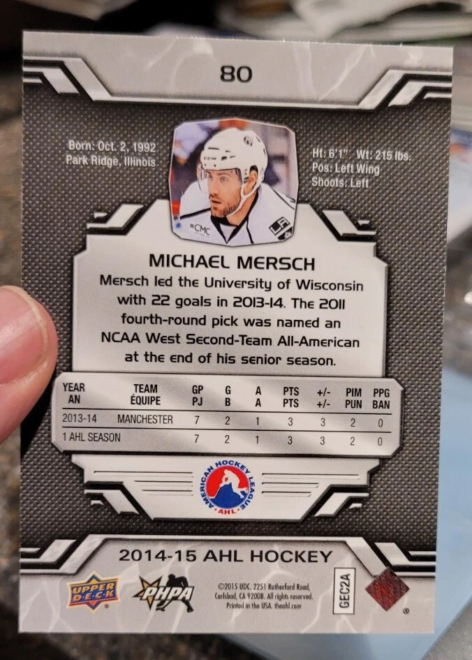 AUTOGRAPHED Michael Mersch 14-15 Upper Deck #80 SIGNED Manchester Monarchs AUTO - Image 2 of 3