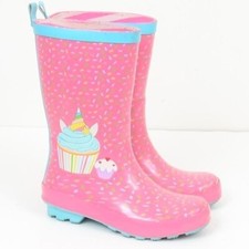 Rain Boots Girls Pink Polka Dots Unicorn Cupcakes Size 9-10