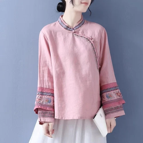 Women Ethnic Embroidered Tops Cotton Linen Shirts Blouse Chinese Frog Button Top - Picture 5 of 17