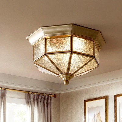 Antique Style Brass Octagon Glass Shade 3 Lights Flush Mount
