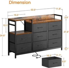  with Charging Station 52in Long  for Bedroom with 8 Drawers Black