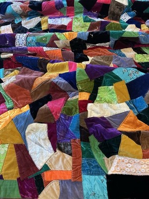70s Velvet Crazy Confetti  Quilt 72 x87  Machine Sewn Display  Repurpose Craft