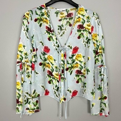 Milly 100% Silk Maggie Rose Print Blouse Women s Size S Bell Sleeves Button Down