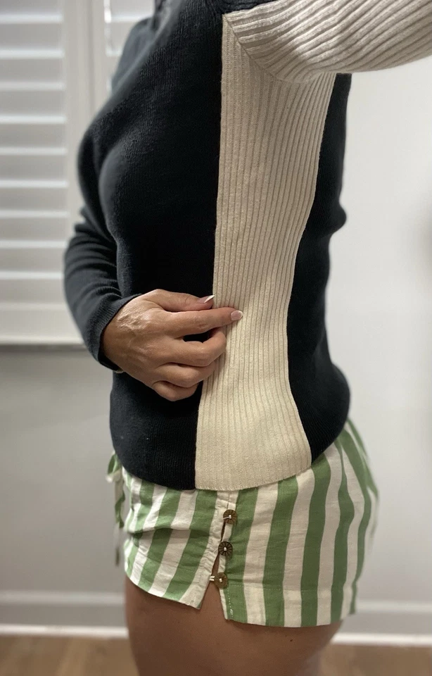 90s DKNY active fitted 2 tone quarter zip pullover sweater black ivory Ribbed M - Image 3 of 4