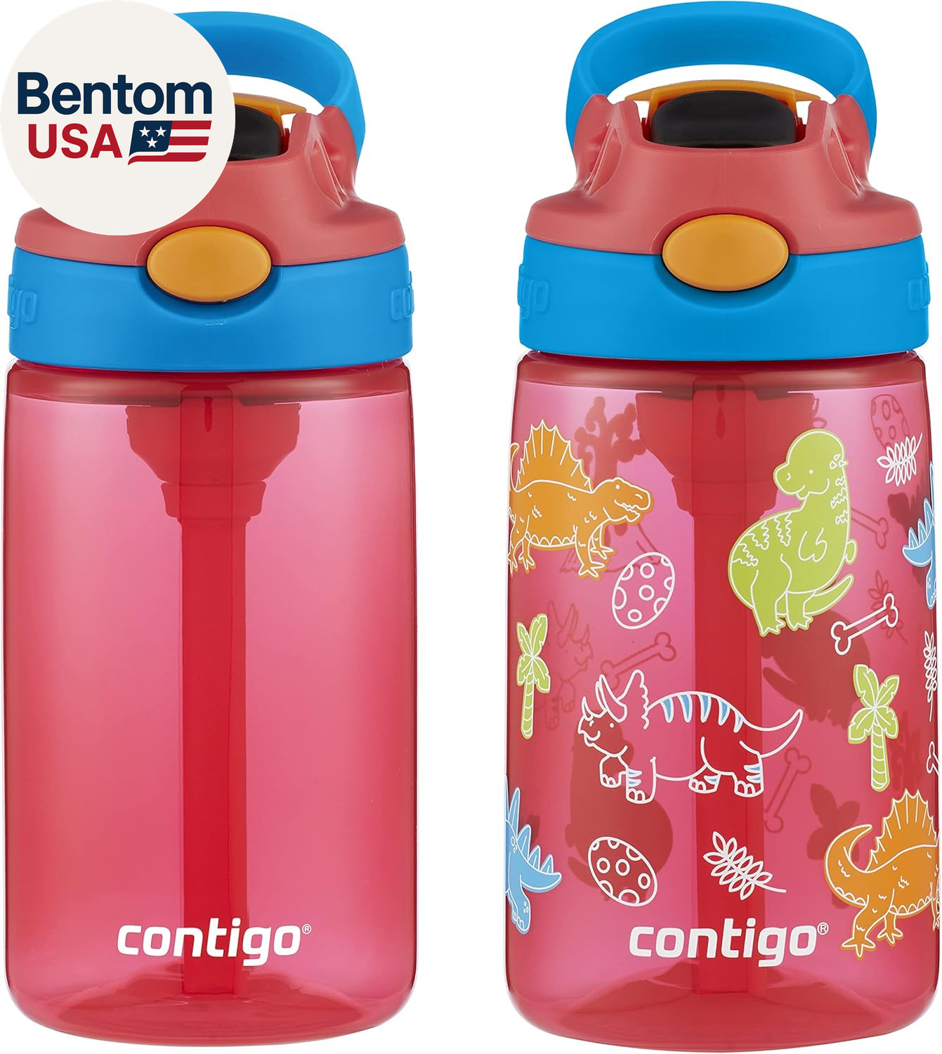 Aubrey Kids Water Bottle, 2-Pack, 14Oz, Watermelon & Dinos, Spill-Proof Lid, Dis