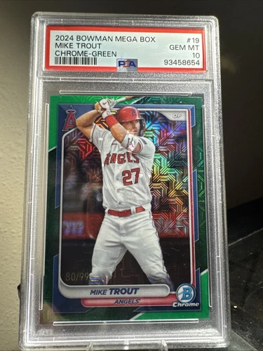 (POP 4) 2024 Bowman - Mike Trout #19 Green-Chrome Mojo Refractor 80/99 PSA 10