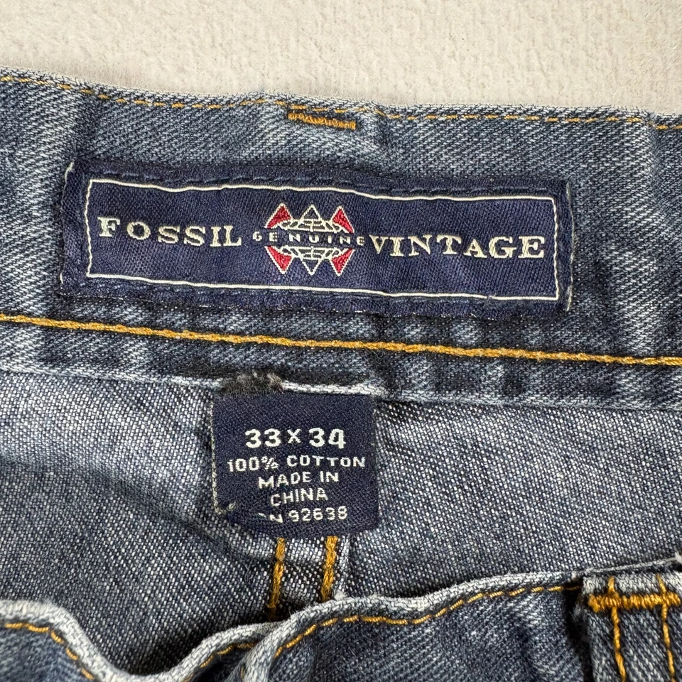 Fossil 正品复古男式 33x34 蓝色直筒牛仔裤 100% 棉牛仔布 — 第 4/4 张图片