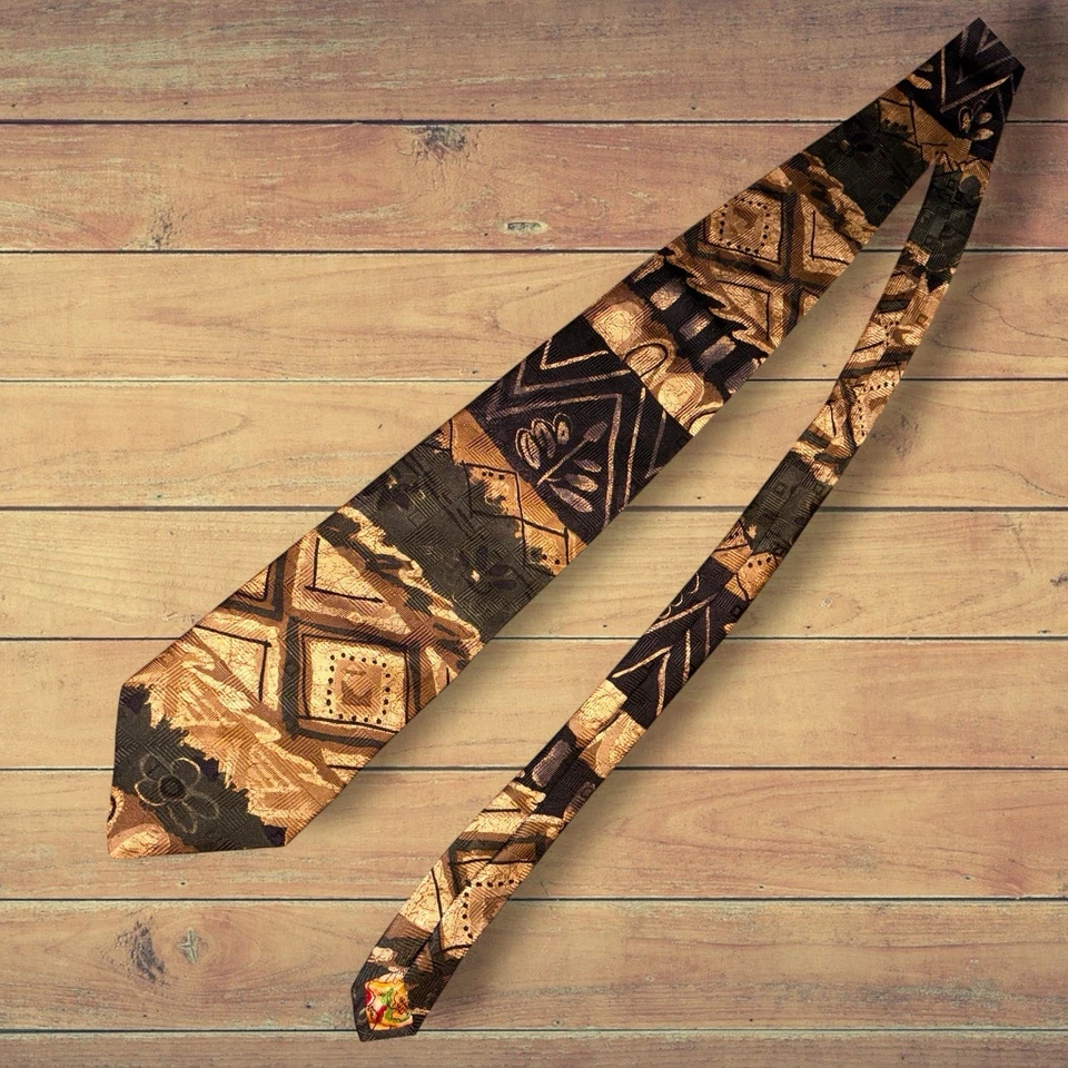 Corbata Bruno Piatelli Pura Seda Vintage Años 90 Italia Abstracta Geométrica Marrón Dorado Foto 4 de 4