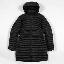 Arc'teryx Goose Down Parka Jet Black 'Nuri' Coat Womens S/M Mid Thigh Length EUC