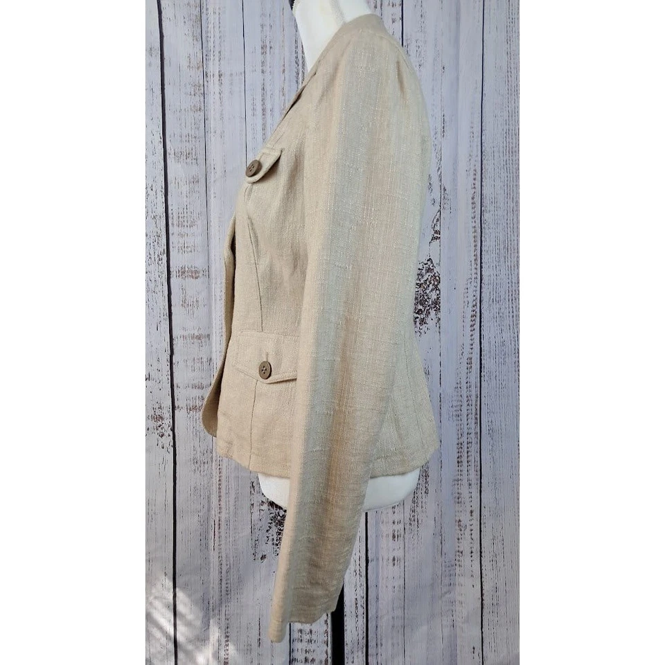 Blazer AXCESS Liz Claiborne 6 Beige Mezcla de Lino Botón Frontal Ajustado Carrera Foto 4 de 4