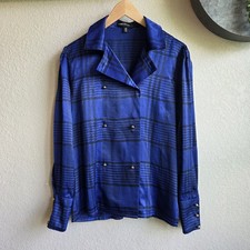 Vintage Louis F raud Blue Houndstooth Satin Long-Sleeve Blouse Size US 8