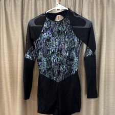 Black Mesh Long Sleeve Dance Leotard Abstract Pattern adult medium