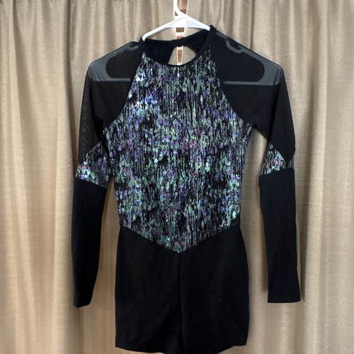 Black Mesh Long Sleeve Dance Leotard Abstract Pattern adult medium