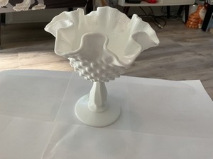 Vintage Fenton Milk Glass Pedestal Candy Dish Compote Hobnail Ruffled Edge 6”