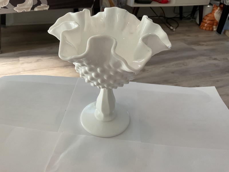Vintage Fenton Milk Glass Pedestal Candy Dish Compote Hobnail Ruffled Edge 6”