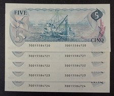 Set of Five $5  Canadian Banknotes, 1979  UNC & Consecutive