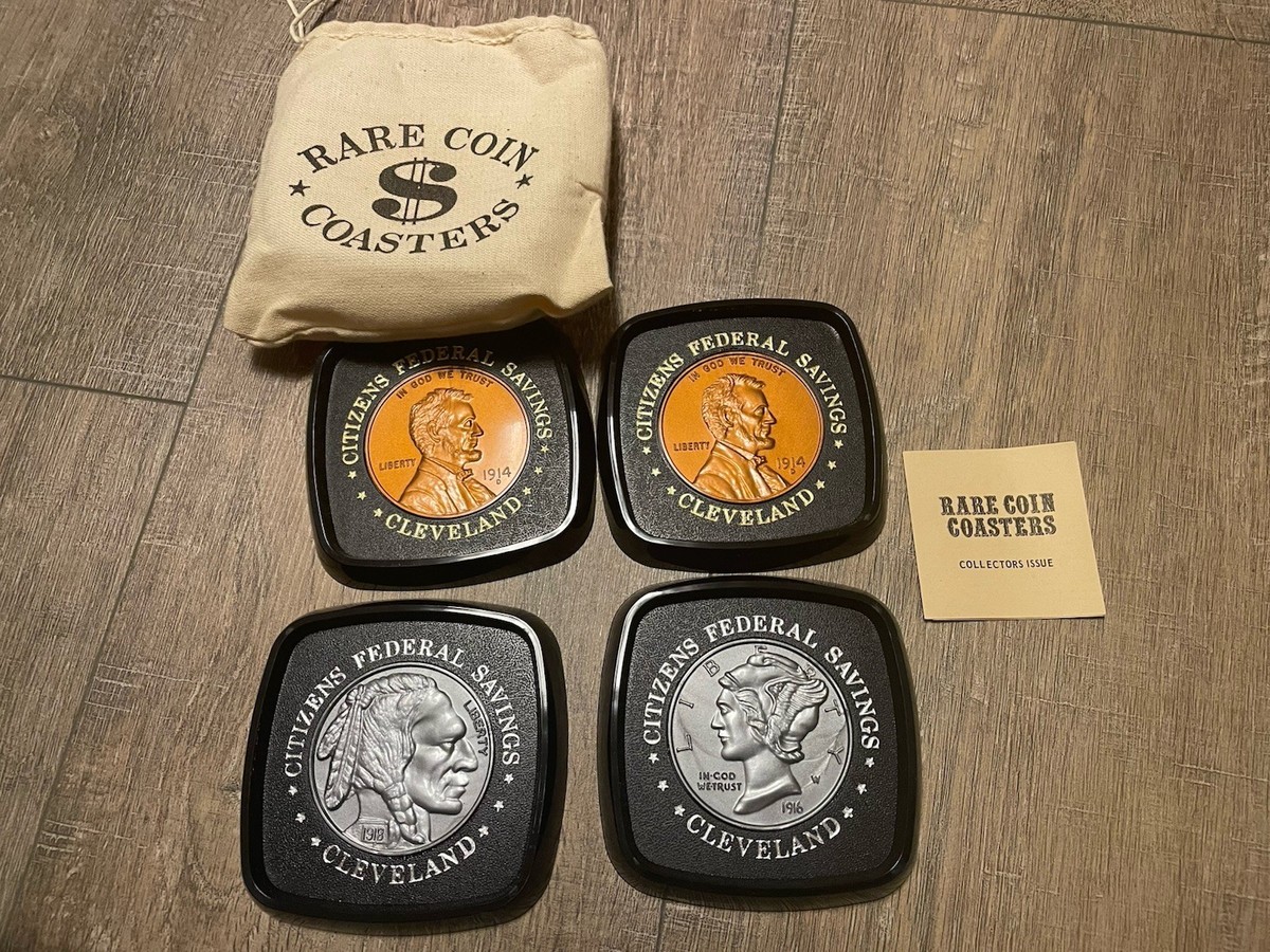 ビンテージ UNIVERSAL COIN BANK レジスター バンク Set of 4 1984 CFS Bank Clevland OH Coin Coasters Indian Head