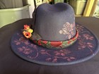 Navy Blue Felt Wide Brim Fedora Hat Women’s Floral Feather, One Size — photo 3