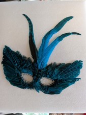 VTG 90s Feather Masquerade Mask Shades Of Blue Mardi Gras Halloween Costume
