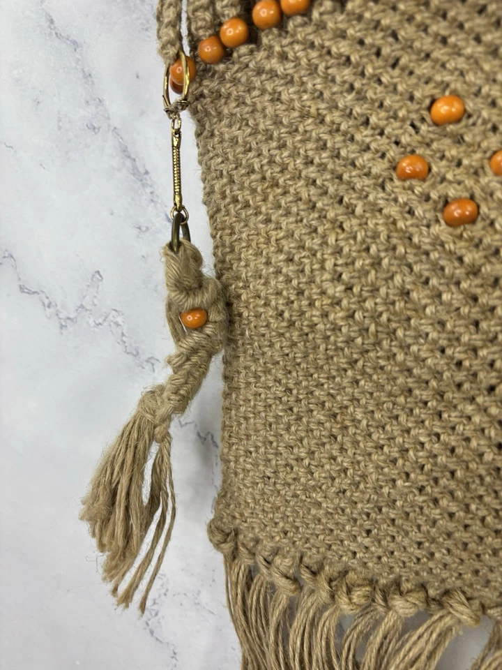 Винтажный 60-х сплетенный Дамская сумка макраме джутовая сумка с короткими ручками бисер бахрома покупатель народный крестьянин - Изображение 4 из 4