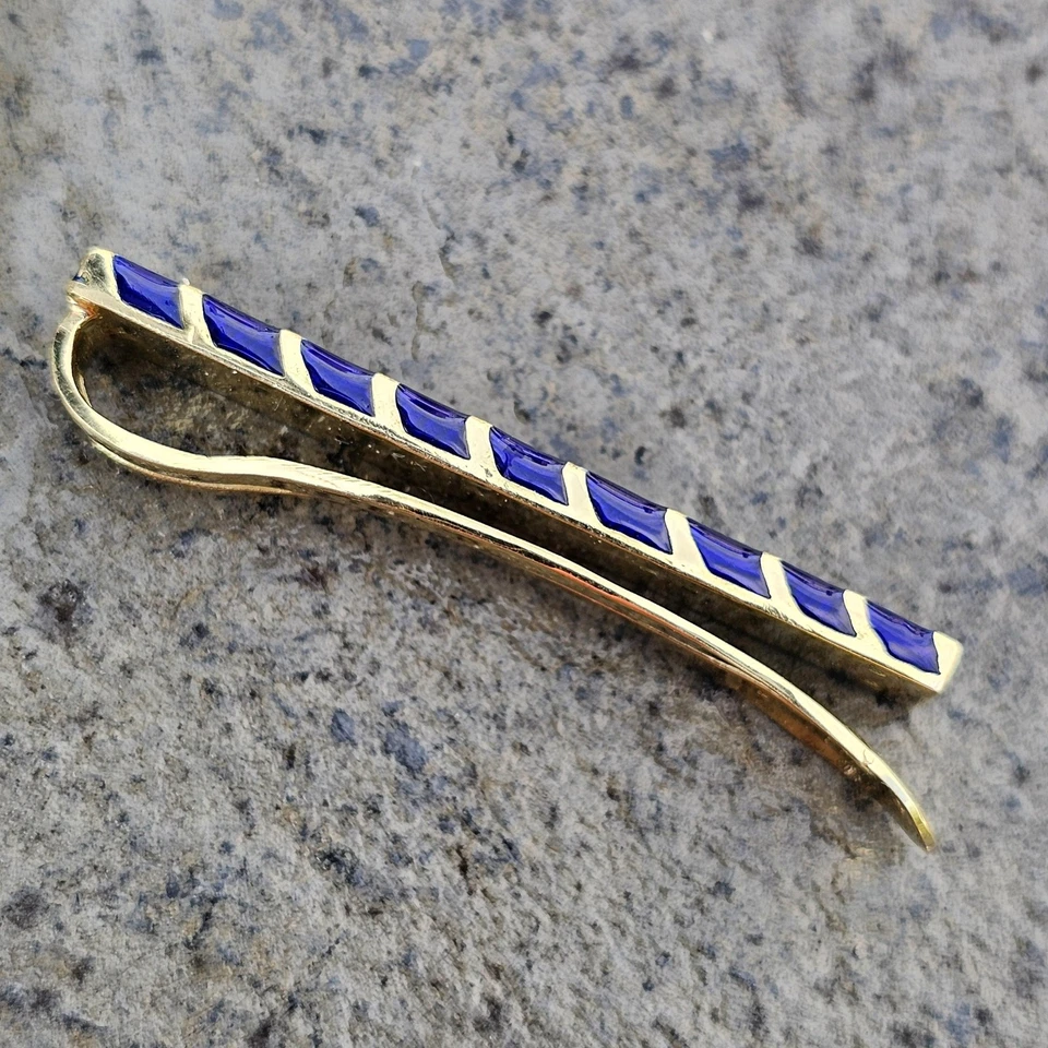 Винтажный слиток для галстука Tiffany & Co. из желтого золота 18 карат с синей эмалью в полоску 9,9 г 1,75 дюйма - Изображение 3 из 4