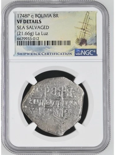 La Luz Shipwreck 8 Reales Bolivia Dated 1748 NGC VF Details  shipwreckcoins