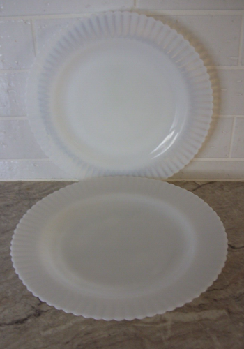 MacBeth Evans 2 Petalware Monax White Milk Glass 9" Dinner Plates Ringed Bottom