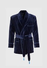Blue Velvet Dressing Gown Handmade Smoking Jacket Robe Lounge Wear House Coat