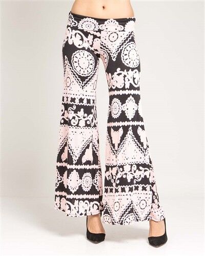CLEARANCE Women's Black Palazzo Pants with Peach and White Tapestry Design - Picture 3 of 3
