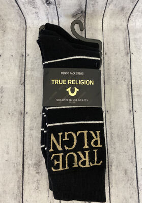 TRUE RELIGION MENS 3 PACK CREW BLACK WITH 3 DESIGNS! - SOCK SZ 10-13 NWT!