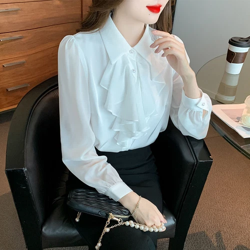 Women Chiffon Ruffle Blouse Long Sleeve Shirt Button Down Office Summer Top - Picture 6 of 8