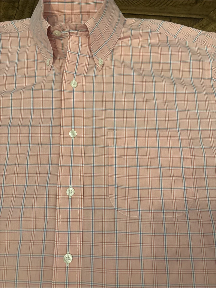 Brooks Brothers Cotton Wrinkle Free Short Sleeve Button Down Pink and Blue 126 - Image 3 of 4