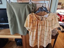 Lauren Conrad Plaid Shrt Sleeve Blouse M Nine West Khaki Skirt M Beautiful Set