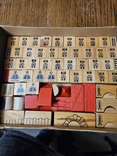 69 Vintage Solid Wooden Building Blocks. Printed Design On Front Of Blocks.