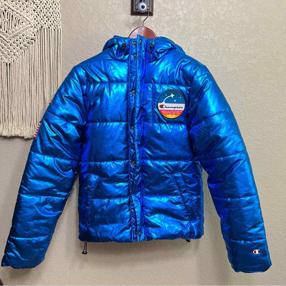 Champion X NASA men sz XS Metallic Puffer Jacket Blue Quilted