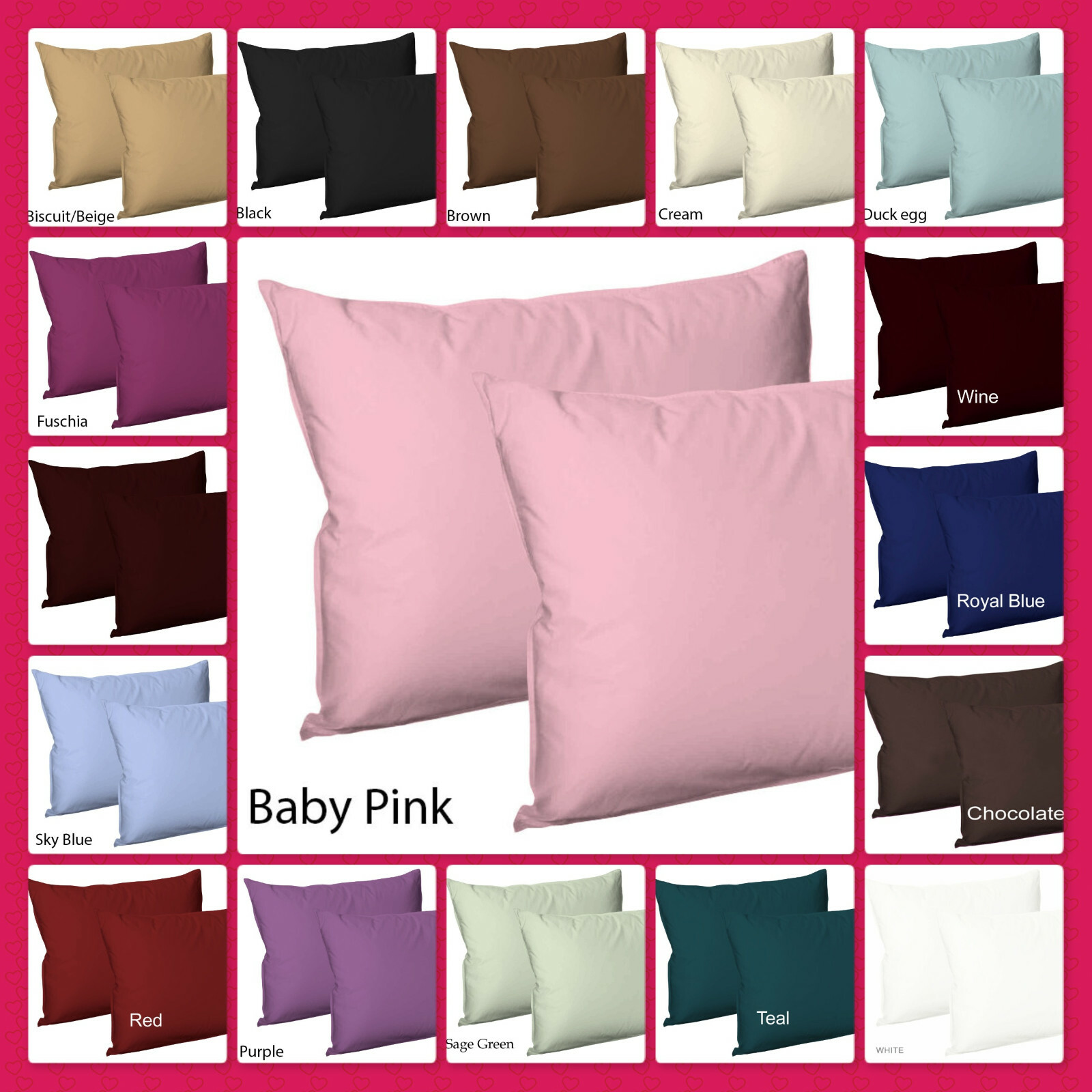 Plain Dyed 2x Housewife Pillowcases Polycotton Pillow Cover Pair Pack