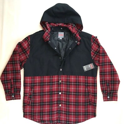 Craftsmen Shirt Jacket Removable Hood Red Plaid Flannel Mens Choose Size