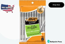 BIC Round Stic Xtra Life Black Ballpoint Pens, 1.0mm Medium Point, 10-Pack