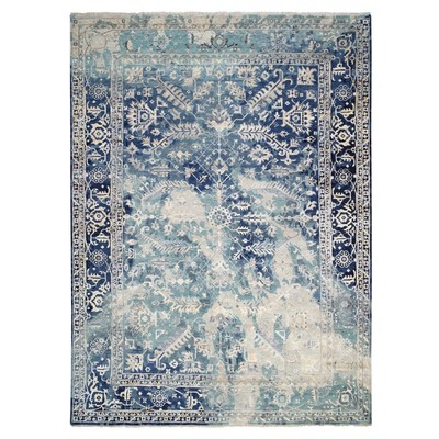 10'x13'10'' Blue-Teal Heris Hand Knotted Erased Design Wool And Silk Rug R64332