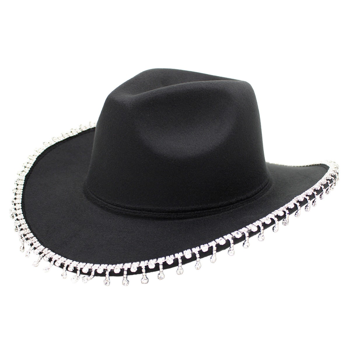 Bling Rhinestone Cowgirl Hat Felt Wide Brim Western Fedora for Women New Adult Women Cowgirl Felt Wide Brim Hat with Rhinestone Fringe main image 3