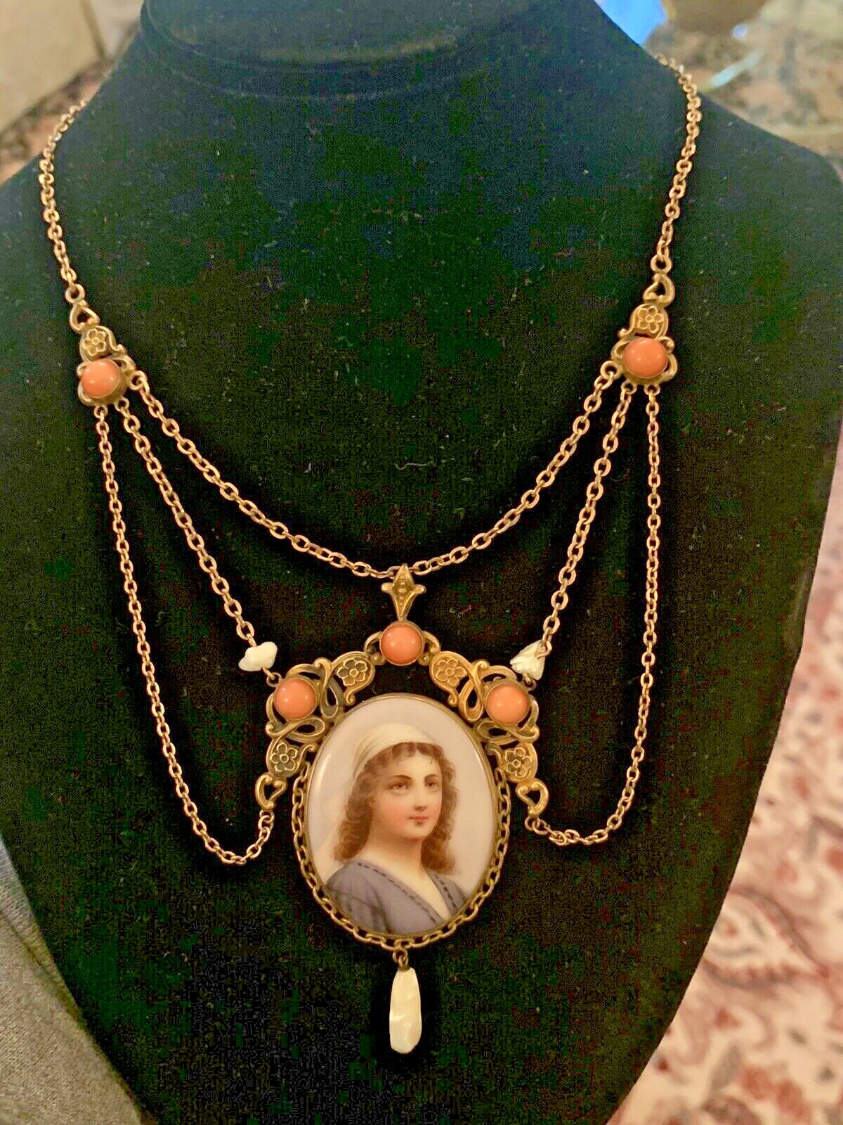 Antique Art Nouveau Painted Portrait Of Ruth Pendant … - Gem