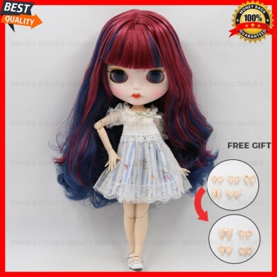 12'' Blythe Doll Factory Red Mix Blue Hair Matte Face 1/6 BJD Custom Carved Lips